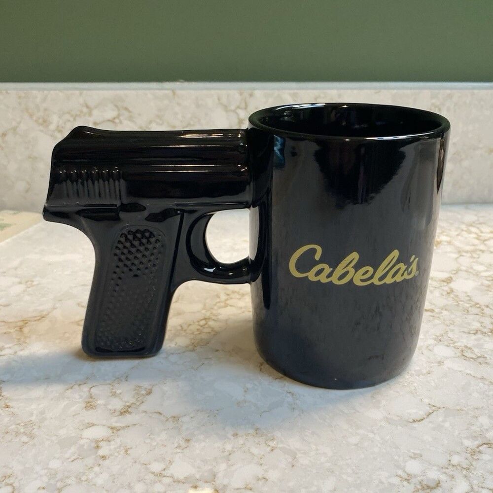 Cabela’s Black Gun Handle Coffee Mug Cup Gold Logo – Outdoor Hunting – 8 oz